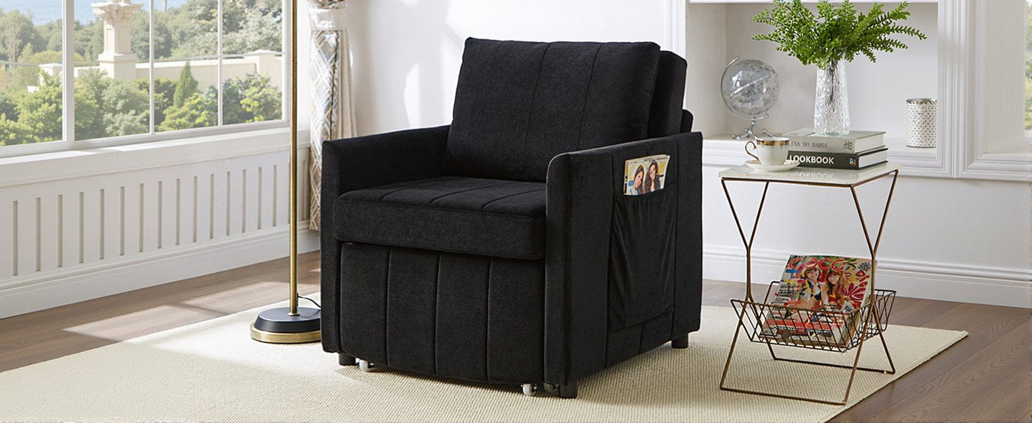 NEW Black Chenille Upholstered Convertible Sleeper Sofa with 5-Position Backrest Side Pockets Storage