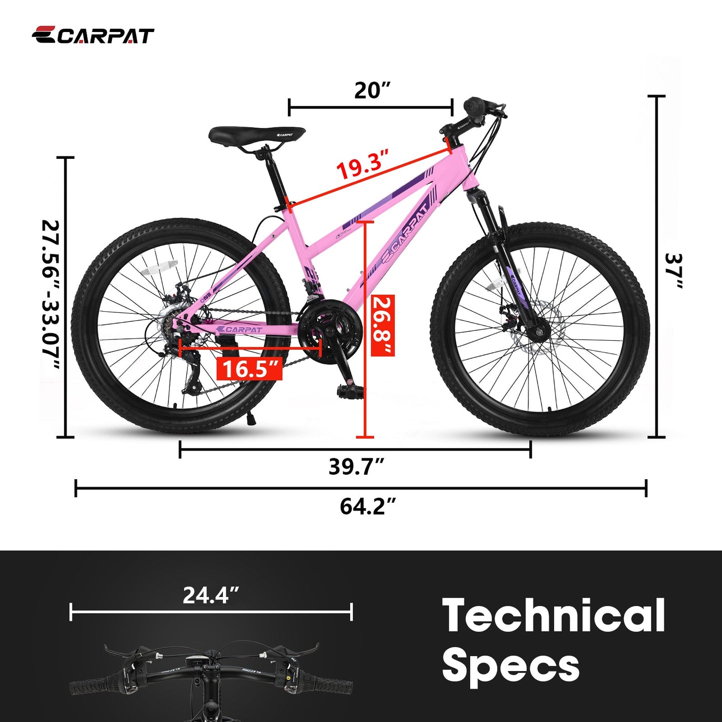 NEW S24103 24 inch Mountain Bike for Teenagers Girls Women, Shimano 21 Speeds with Dual Disc Brakes and 100mm Front Suspension, White/Pink