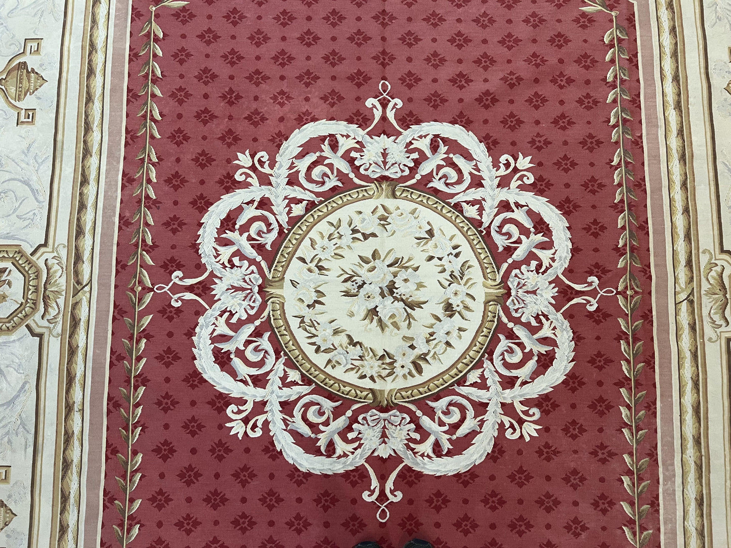 USED Aubusson Rug 9x12 ft, Red and Ivory Elegant Aubusson Carpet, Flatweave, Vintage Wool Handmade Area Rug 9 x 12, French European Design