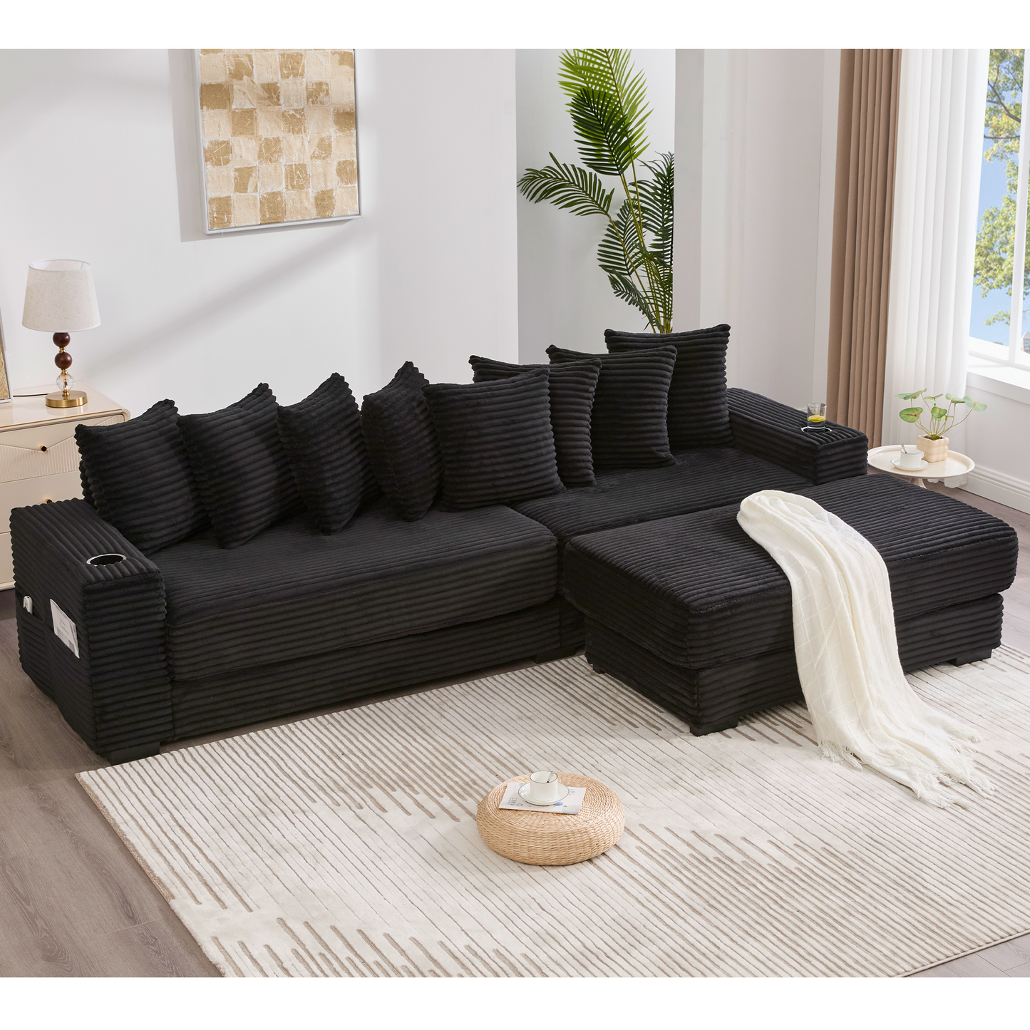 NEW Modular L Shaped Black Corduroy Fabric Sectional Sofa Couch