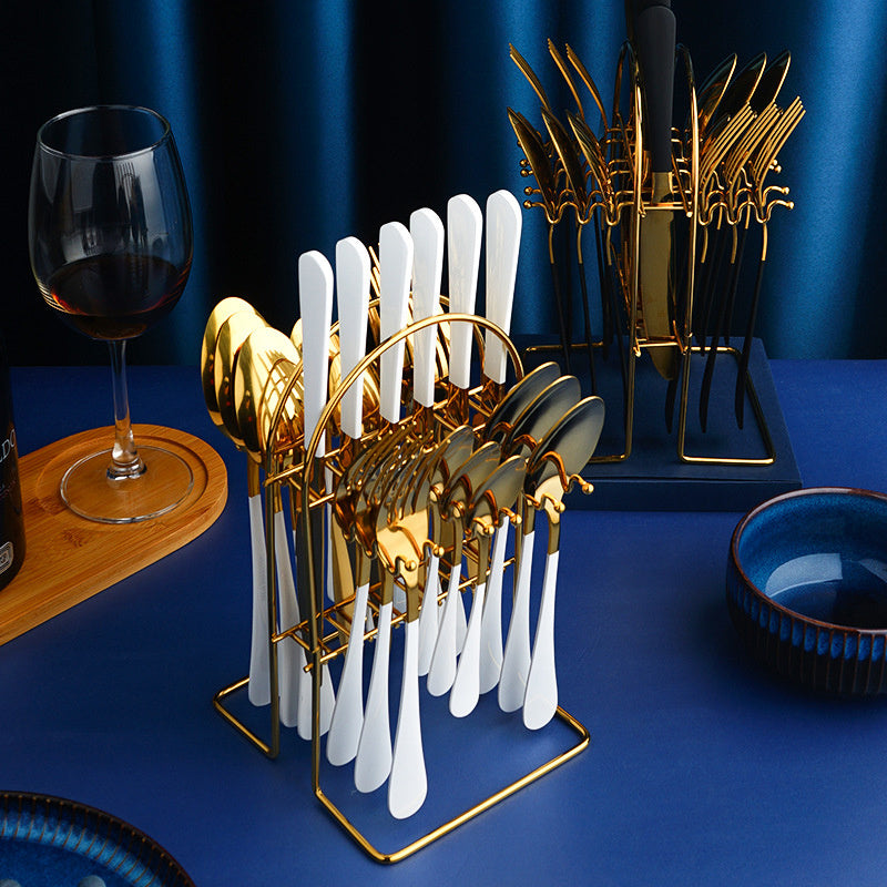 NEW Gold Dinnerware Set Stainless Steel Tableware Set Knife Fork Spoon Luxury Cutlery Set With Storage Rack Dishwasher
