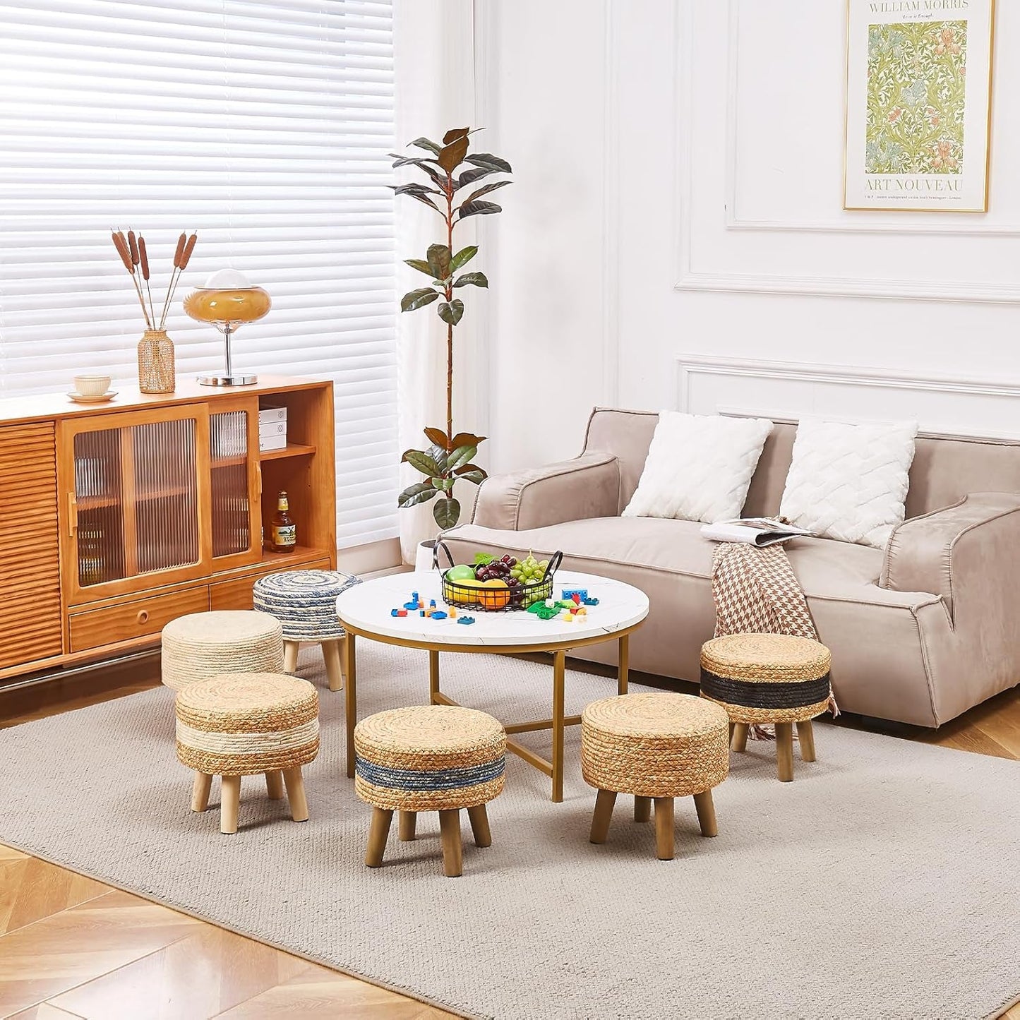 NEW Round Seagrass Ottoman Footstool Handwoven Natural Blue