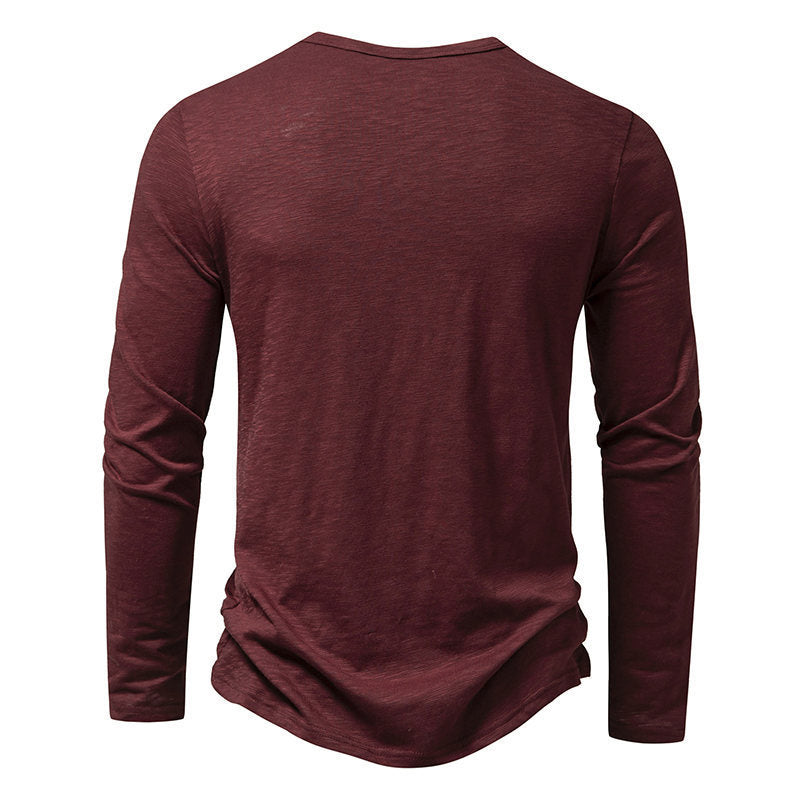 New Men's Long-sleeved T-shirt Fashion Casual Solid Color Pullover Button Top Autumn And Spring Clothing
