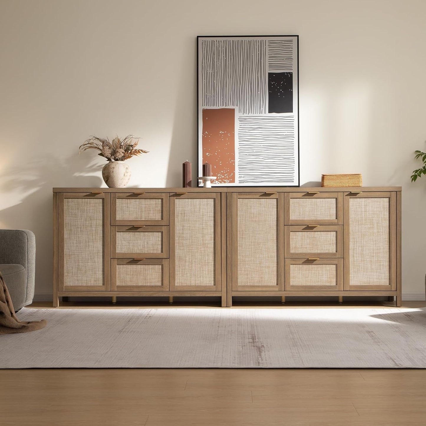 NEW Caramel Oak Rattan Large Sideboard Buffet Storage Cabinet