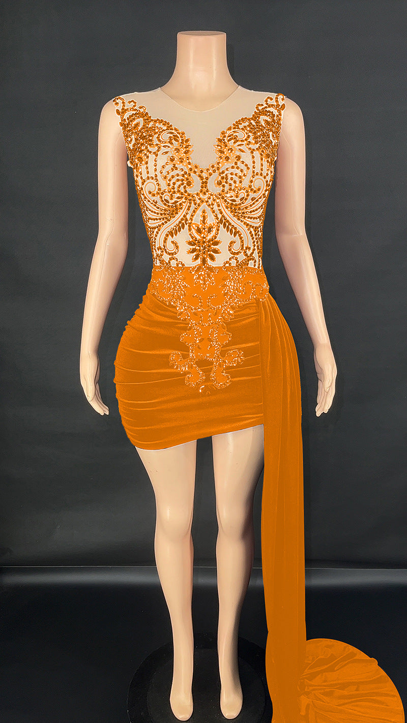 New Summer Luxury Evening Dress Female Singer Stage Costume Senior Dress Side Trailing Skirt