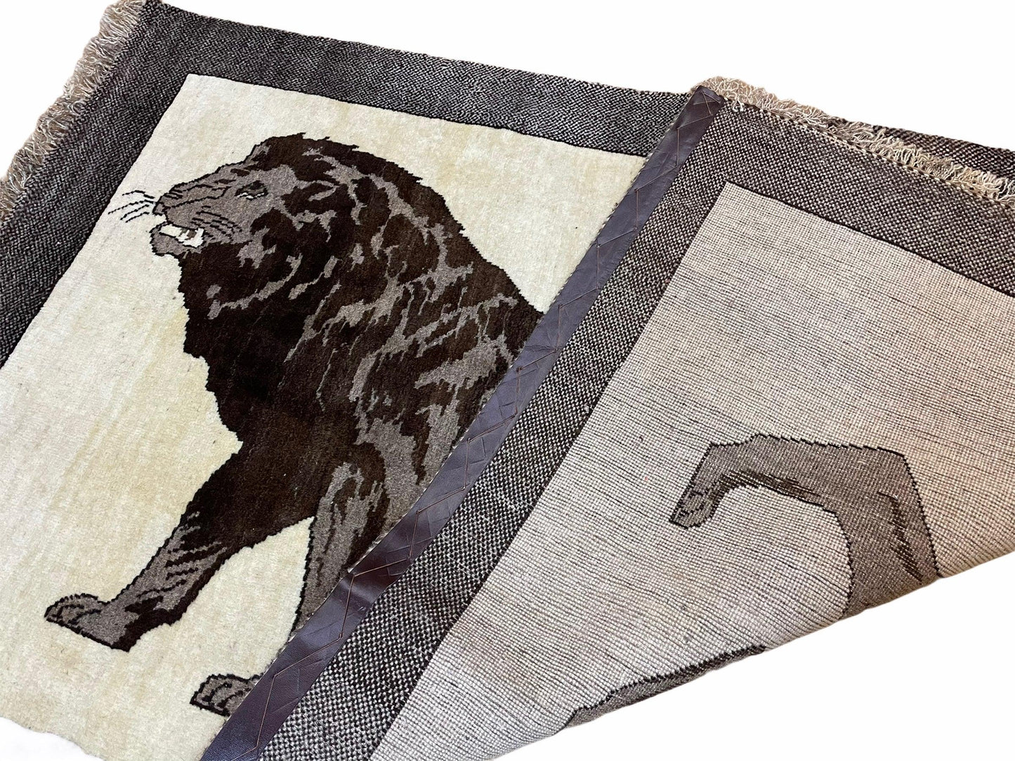 USED 3 x 5 Handmade Rug Brown Beige Hand-Knotted Lion Rug New Vintage Quality Animal