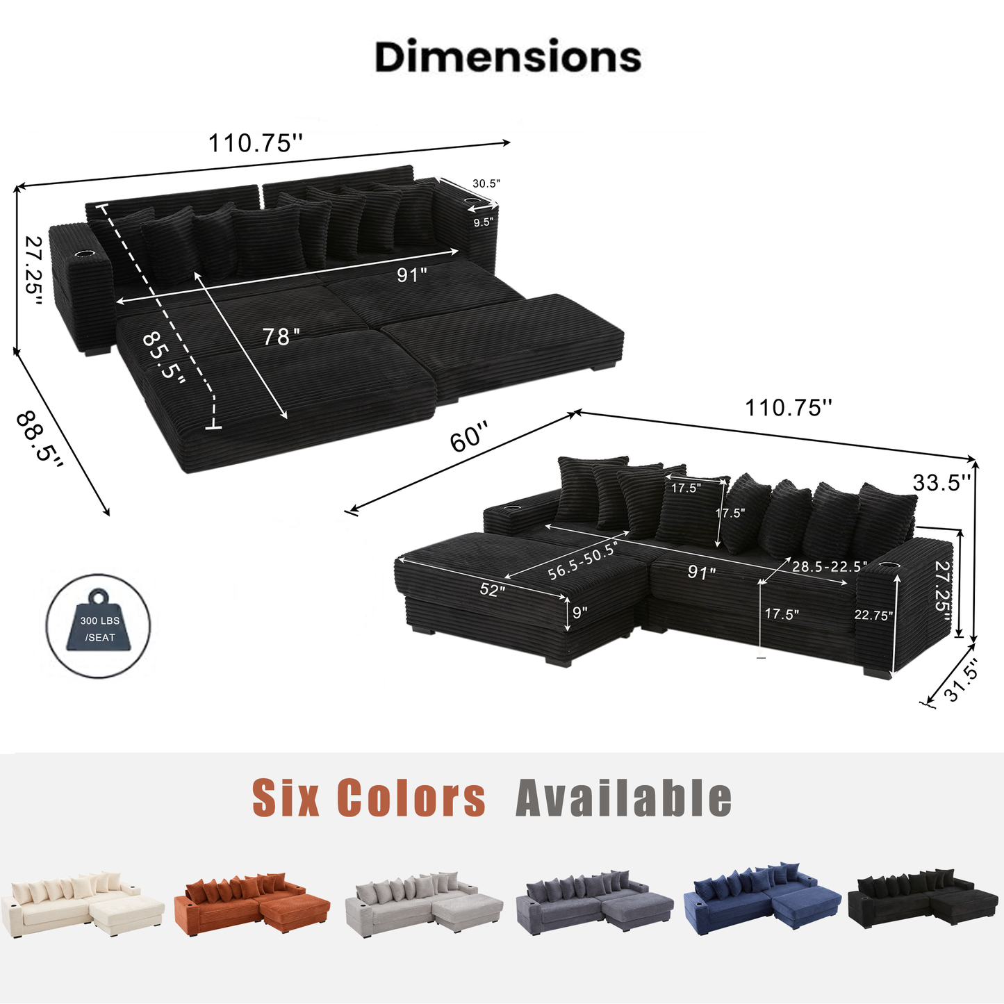 NEW Modular L Shaped Black Corduroy Fabric Sectional Sofa Couch