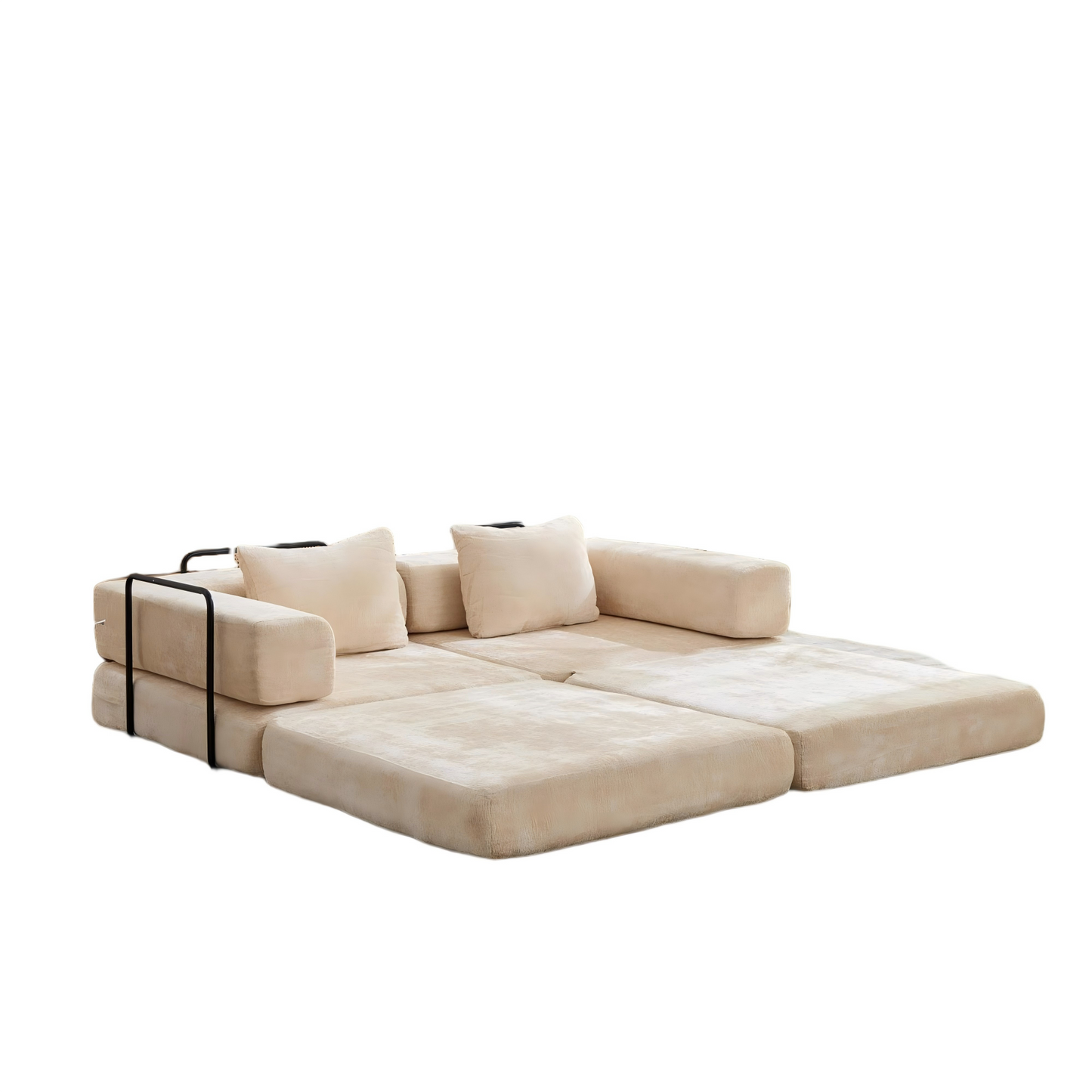 NEW Compression Convertible Floor Fixed-Shape Frame Loveseats Boneless Modular Sectional Sofa Bed in Beige Chenille Fabric