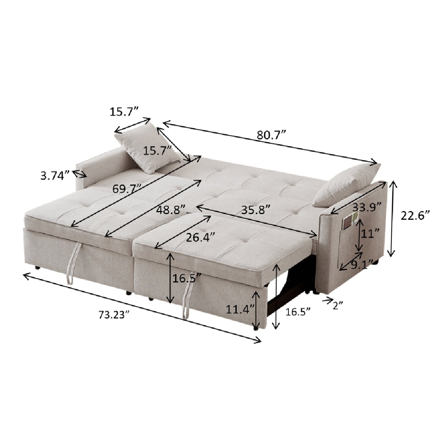 NEW Beige Fabric 3 Seat Pull-out Double Sleeper Sofa Couch with Storage Armrest