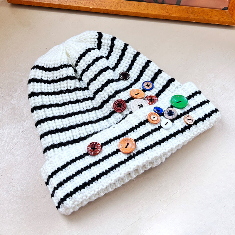 NEW Autumn And Winter Buttons Knitted Hat Warm Ear Protection All-match And Cute Pile Heap Cap
