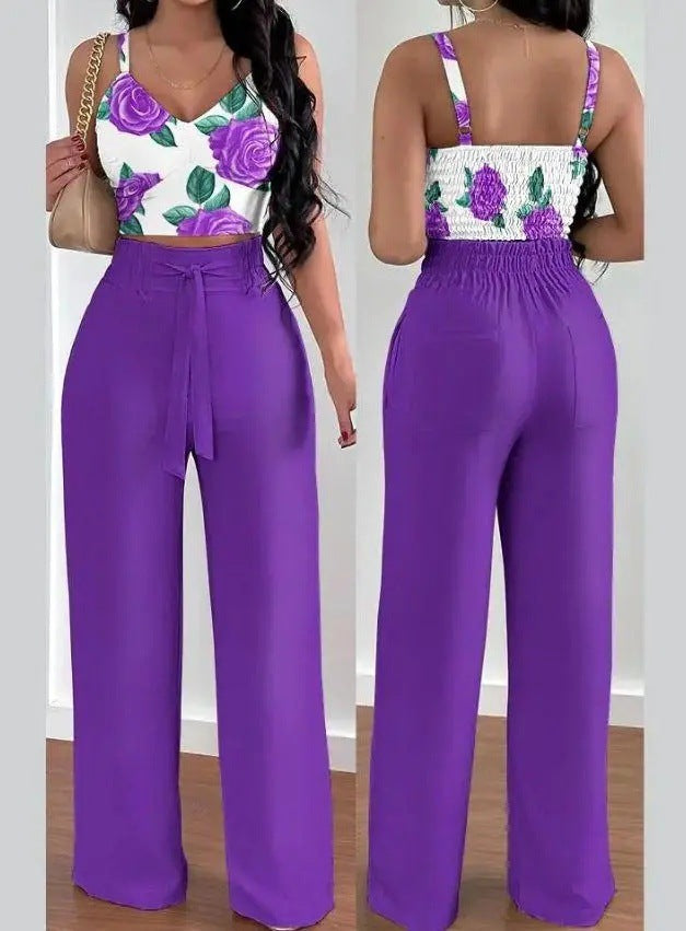 NEW Women's Solid Color Slim Elastic Pleated Two-Piece Suit Sexy Spaghetti Strap V-neck Backless Vest High Waist Wide Leg Pants Suit