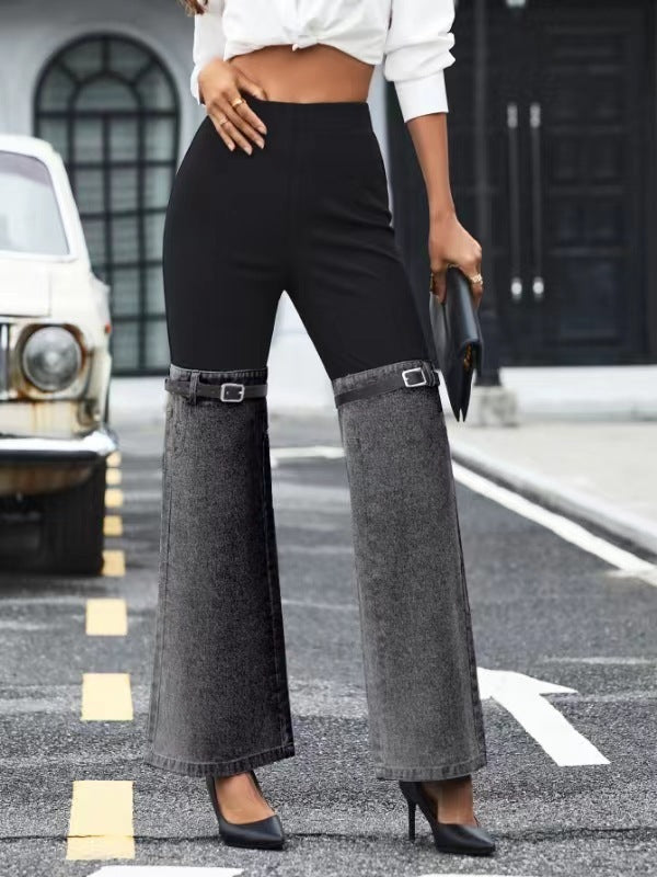 NEW Fashion Slim Knit Denim Stitching Elastic Waist