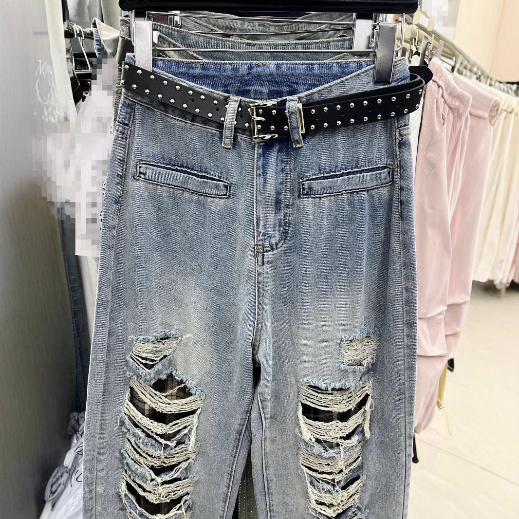 NEW Blue With Holes Design Straight Jeans
