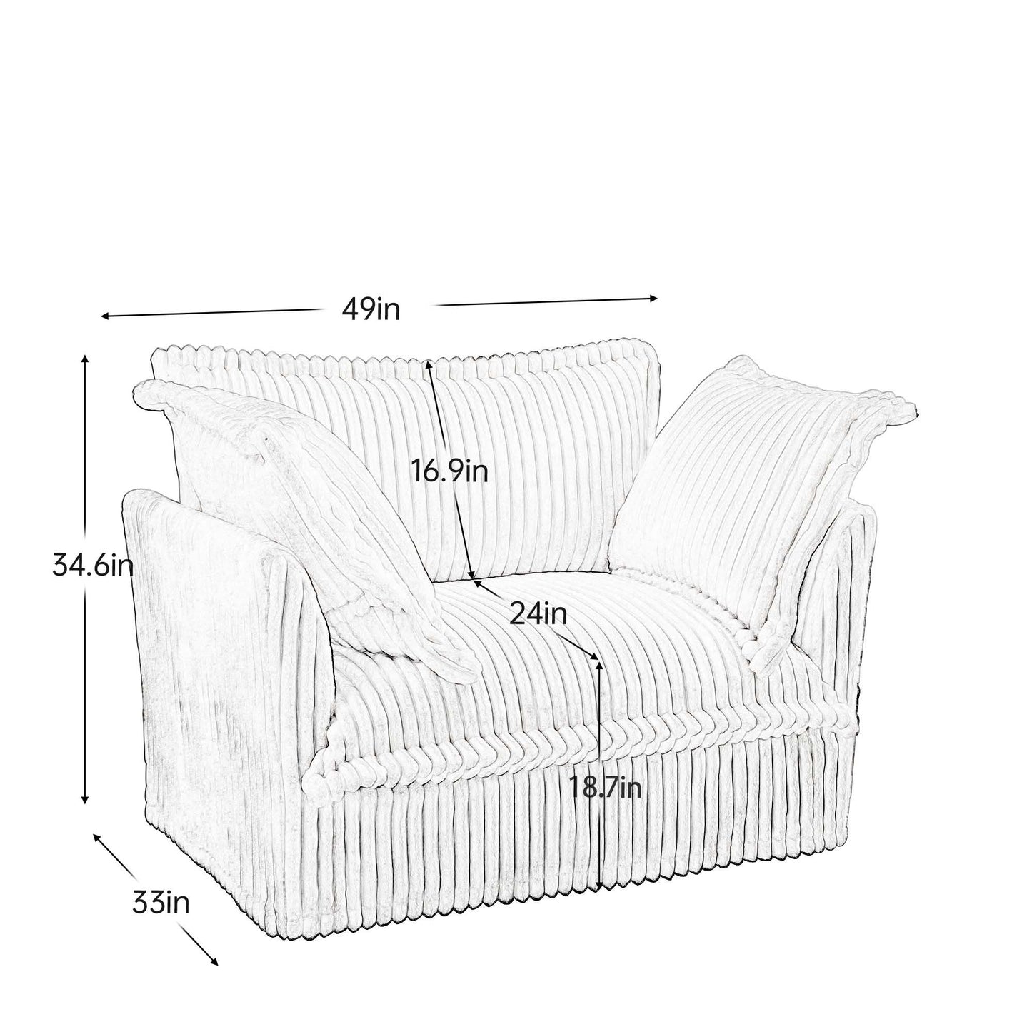 NEW Slip-covered Armchair with 1 Big Back Cushion and 2 Big Toss Pillows, Single Deep Seat Comfy Single Couch Sofa Multiple Large Soft Pillows, Black Corduroy Fabric