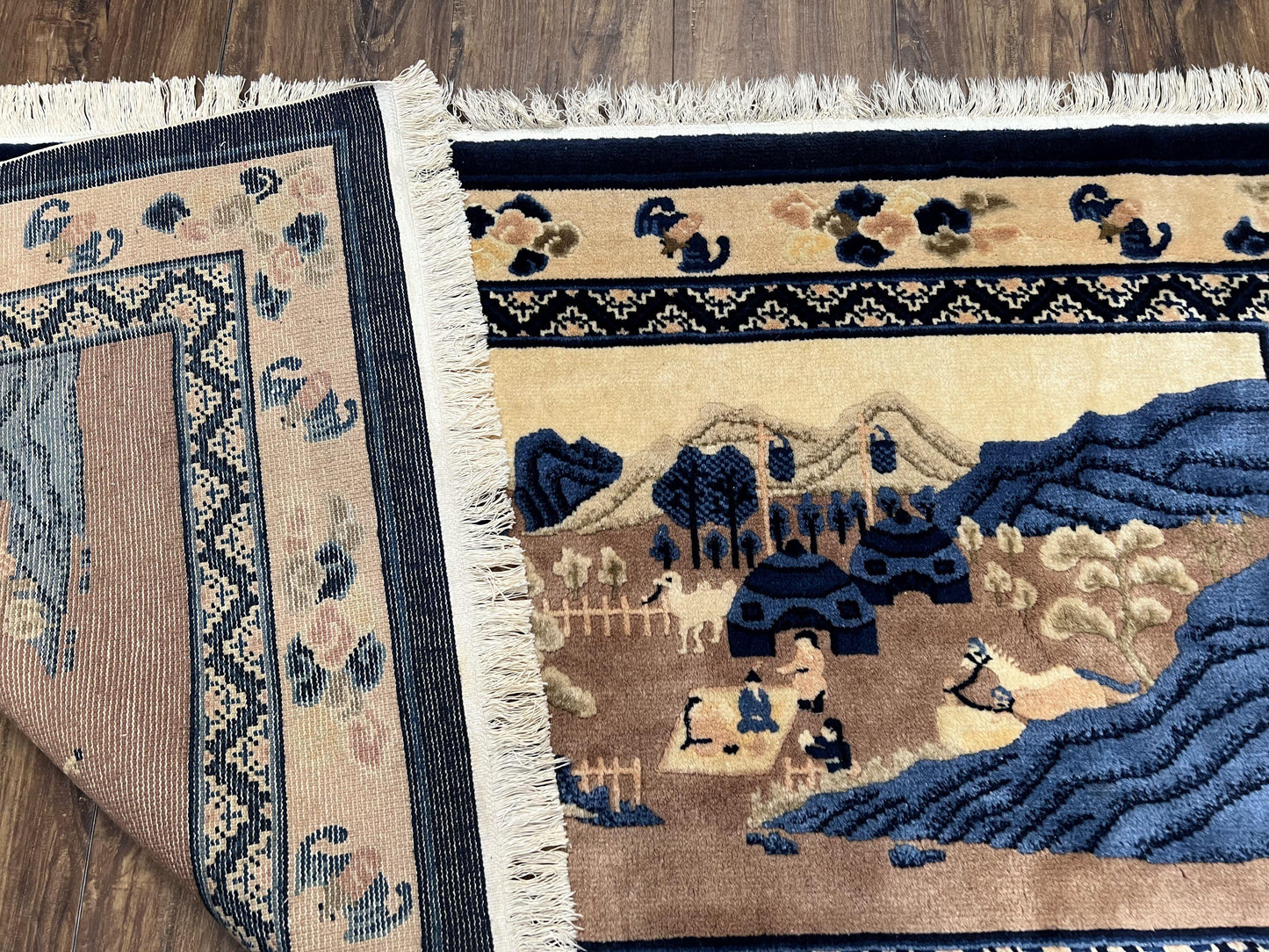 USED Antique Chinese Pictorial Rug 2.7 x 5, Chinese Village and Hills Carpet, Beige and Dark Blue, Handmade, Horizontal Rug Wall Hanging Tapestry