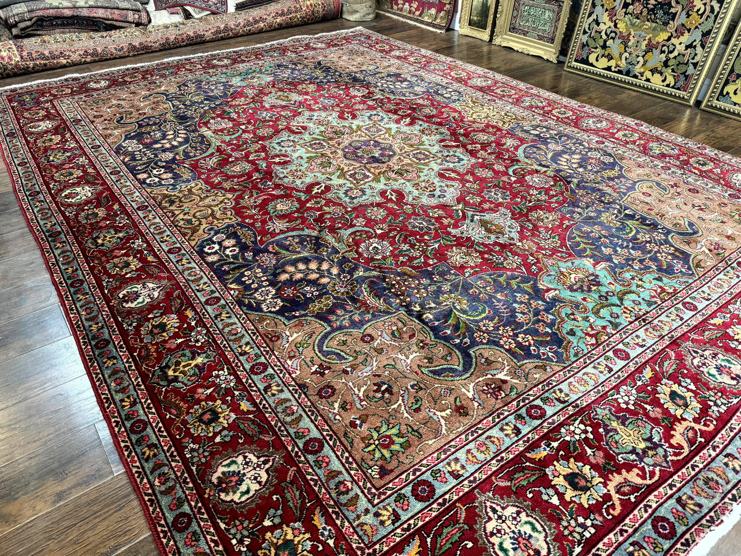 USED Wonderful Persian Tabriz Rug 10x14, Antique Persian Carpet, Handmade Wool Rug, Floral Medallion, Red Navy Blue, Colorful, Large Persian Area Rug