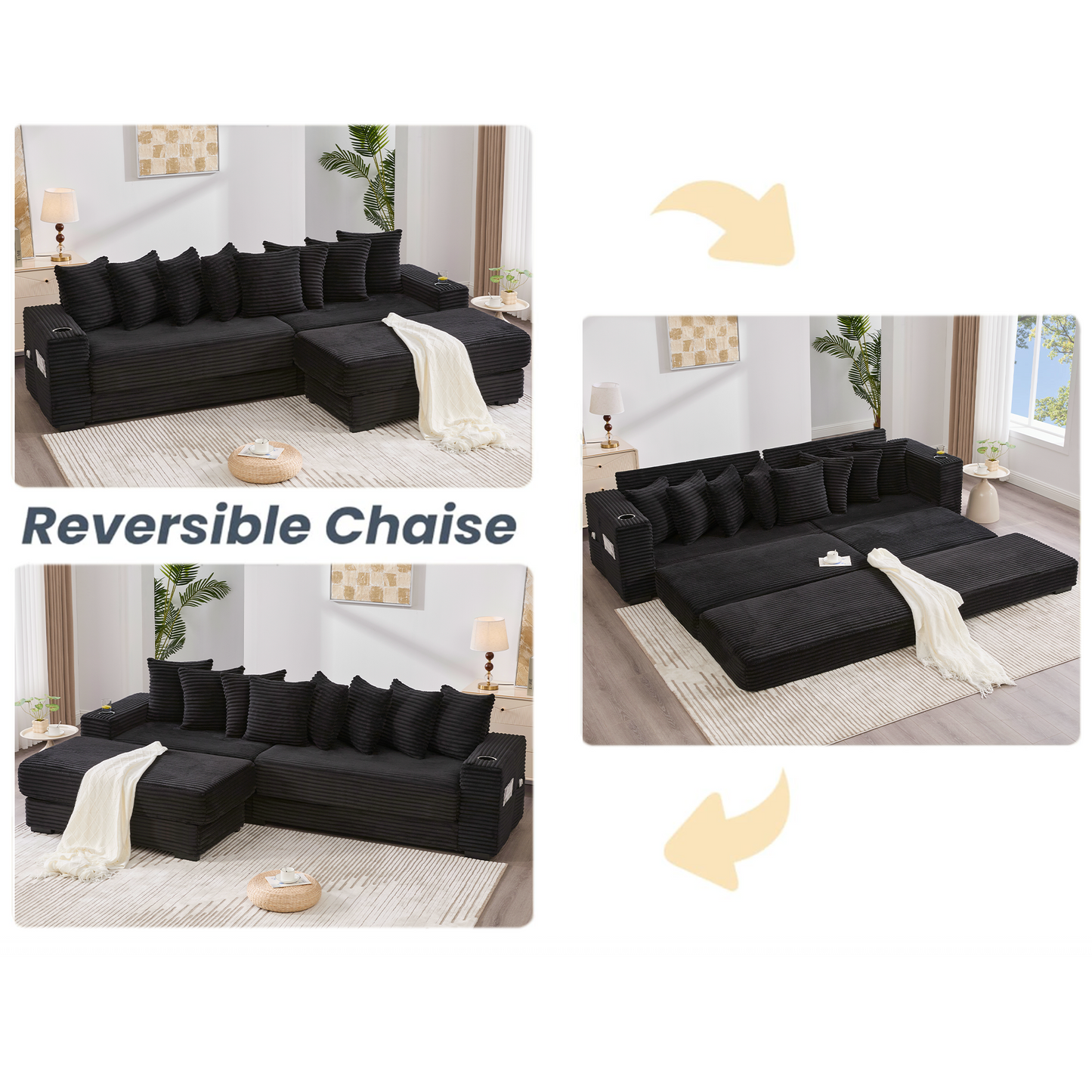 NEW Modular L Shaped Black Corduroy Fabric Sectional Sofa Couch