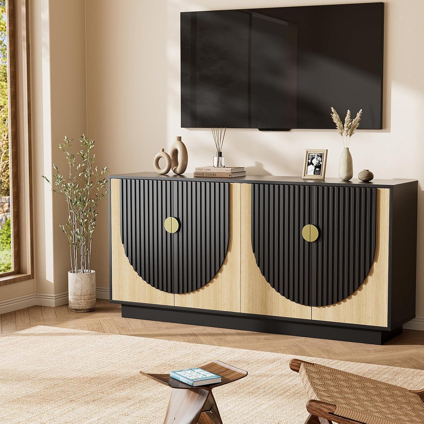 NEW 63 Inch Camel Black Buffet Cabinet For Dining Room