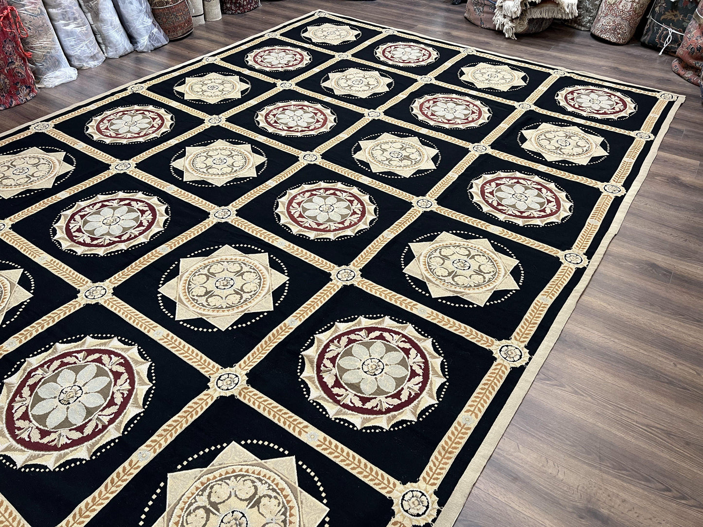 USED Large Needlepoint Rug 10x13, Panel Design, Black and Beige, Wool Needlepoint Carpet 10 x 13, English Garden, Handwoven Area Rug, Living Room