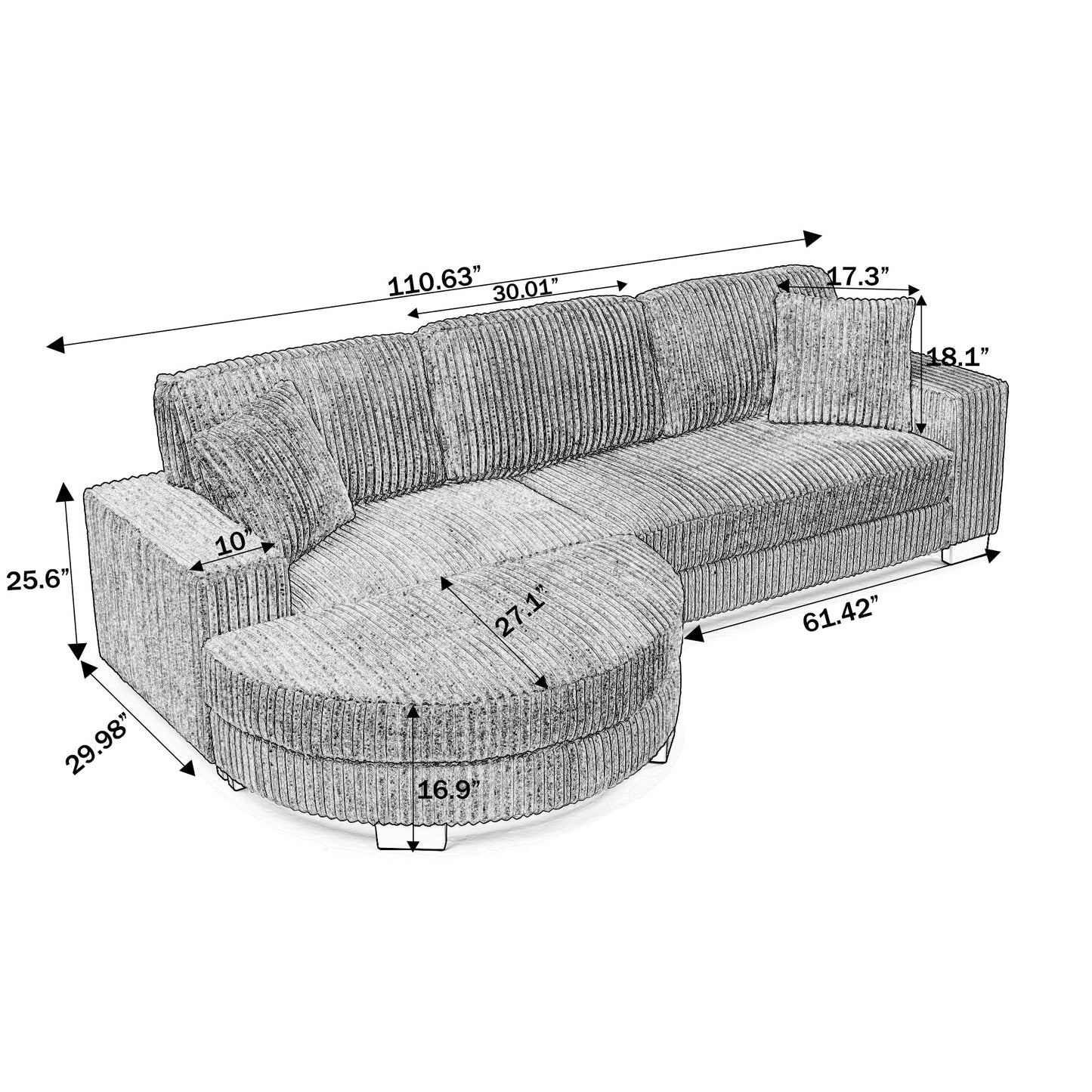 NEW Black Corduroy Tufted Upholstered Sleeper Sectional Sofa, L-Shaped Modular Convertible Sofa with Arc-Shaped Footstool