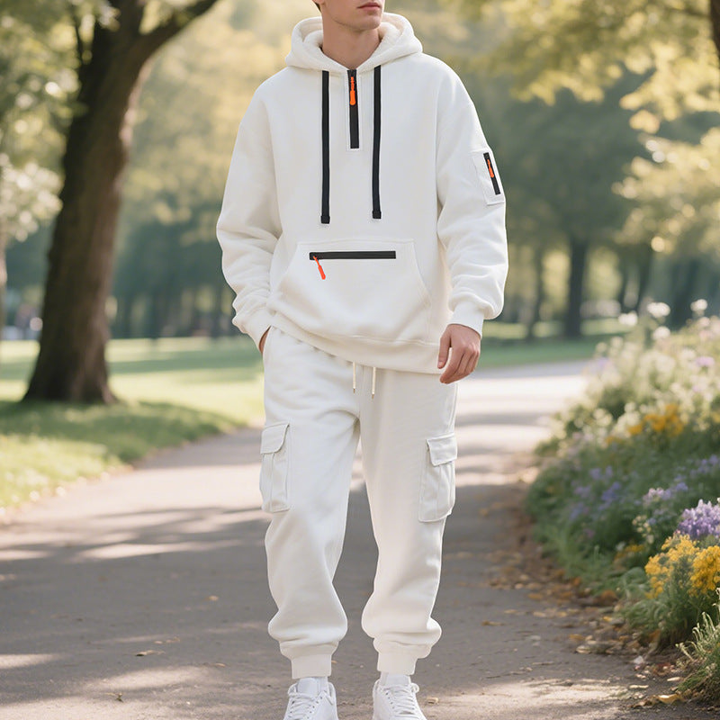 New Men's Loose Sports And Leisure Suit Sweater Fleece-lined Hoodie Set Zipper Multi-Pocket Pullover Men's Sports Casual Top Two-piece Set