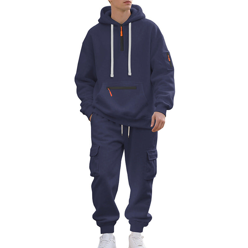 New Men's Loose Sports And Leisure Suit Sweater Fleece-lined Hoodie Set Zipper Multi-Pocket Pullover Men's Sports Casual Top Two-piece Set