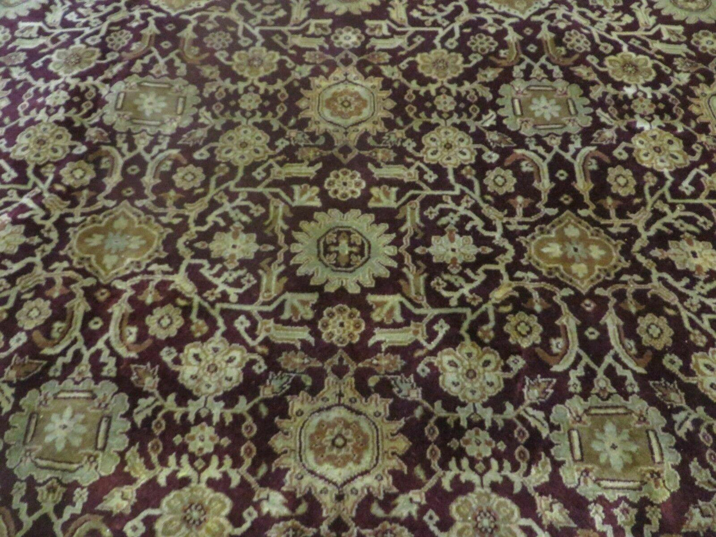 USED Indian Agra Rug 10x14 Vintage Handmade Larastan Wool Carpet Maroon Floral