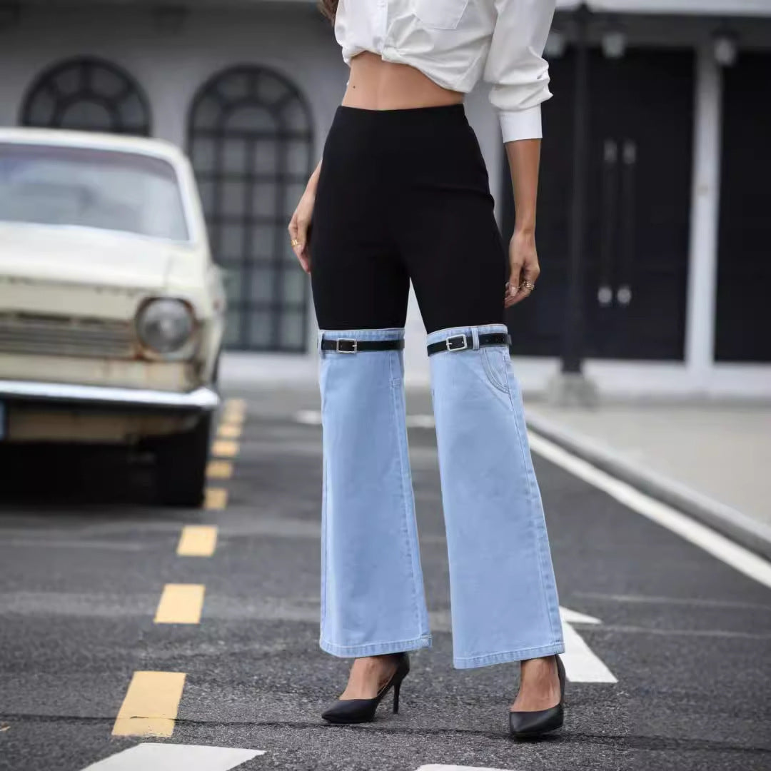 NEW Fashion Slim Knit Denim Stitching Elastic Waist