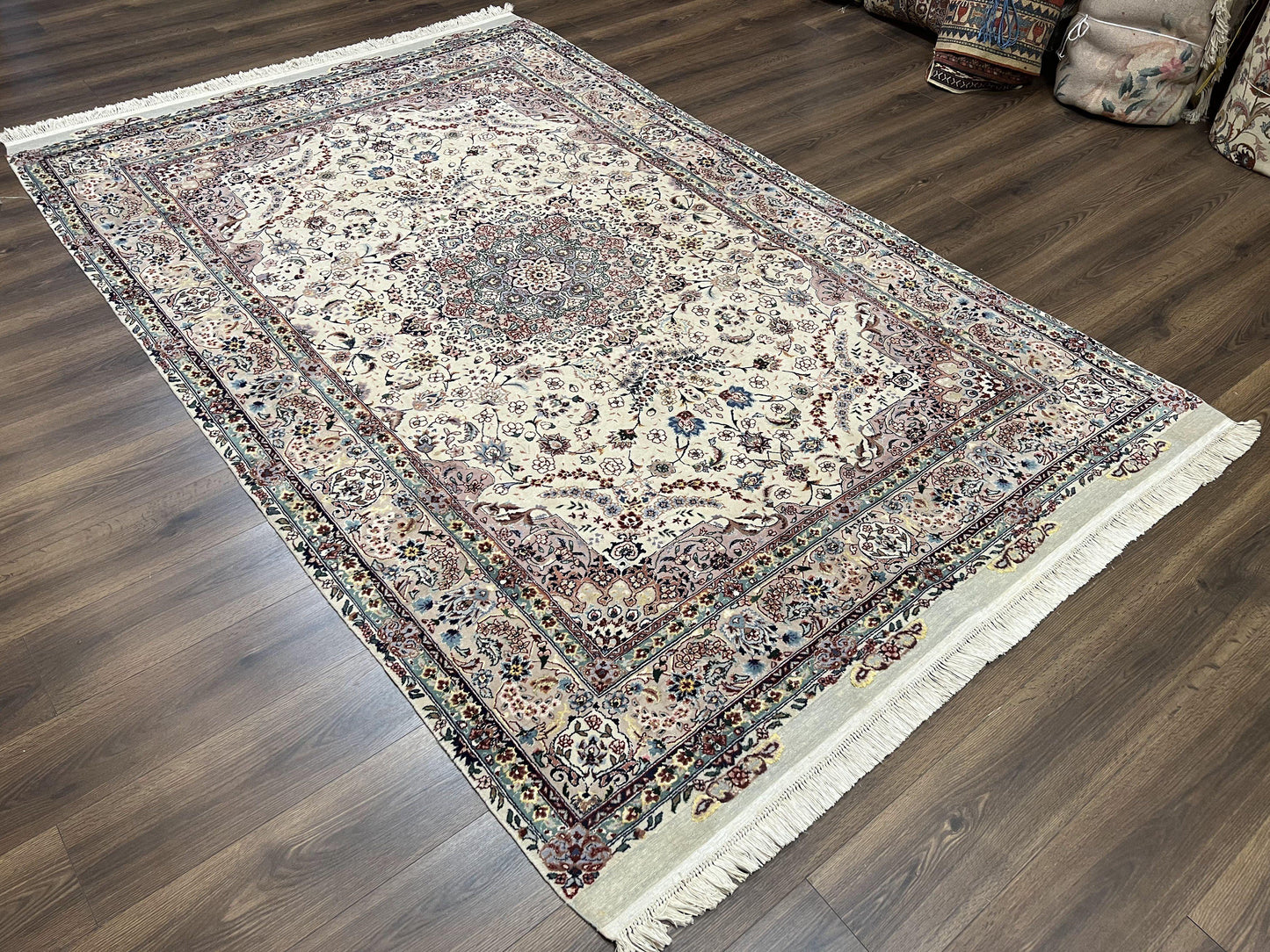 USED Beautiful Pak Persian Rug 6x9, Floral Medallion, Wool and Silk, Highly Detailed Elegant Carpet, Vintage Oriental Rug 6 x 9, Cream and Gray