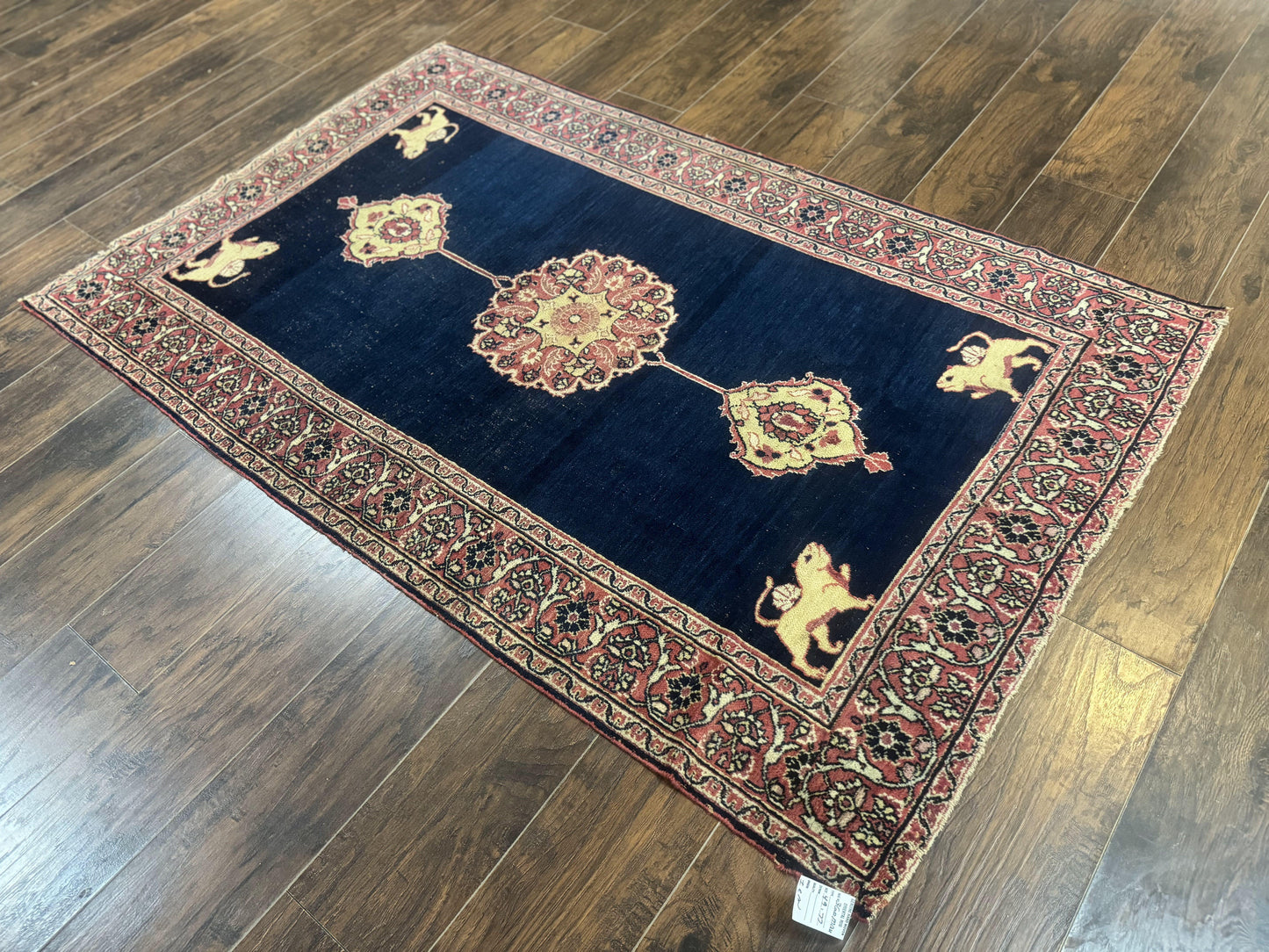 USED Antique Persian Mashad Rug 4x6, Semi Open Field, Navy Blue, Lion Pictorials, Triple Medallion, Dorokhsh Rug