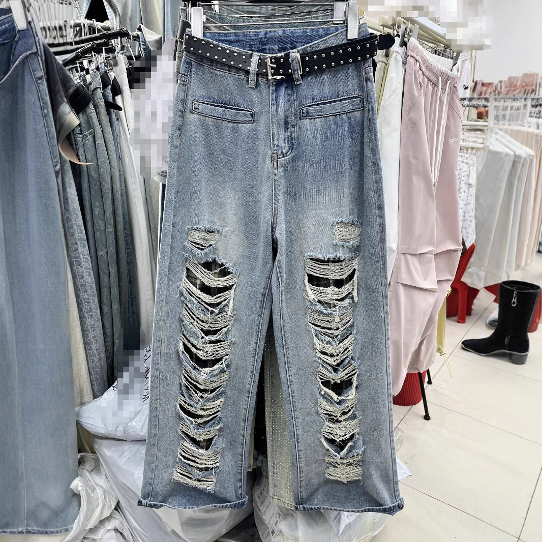 NEW Blue With Holes Design Straight Jeans