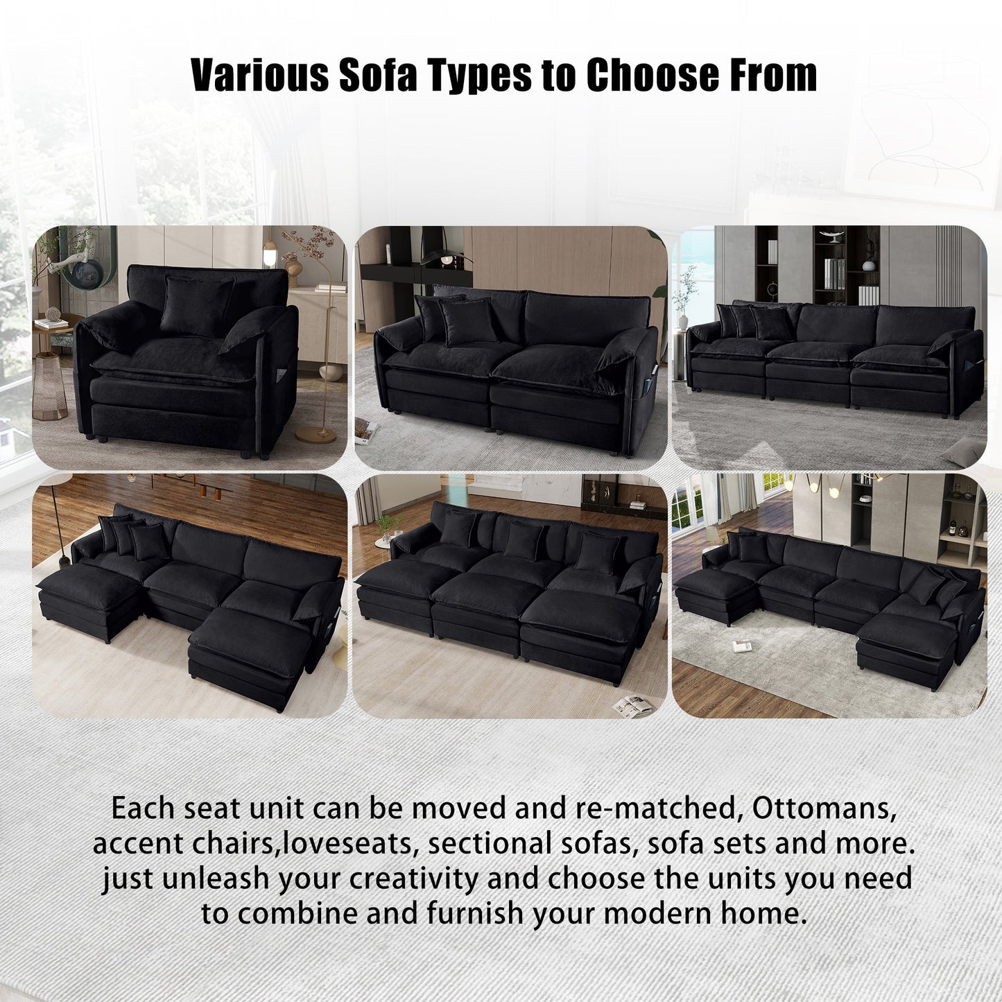 NEW Modern Chenille Deep Seat Sectional Sofa Cloud Couch with Ottoman, Comfy Love Seat Upholstered Modular L Shaped Couch, Black