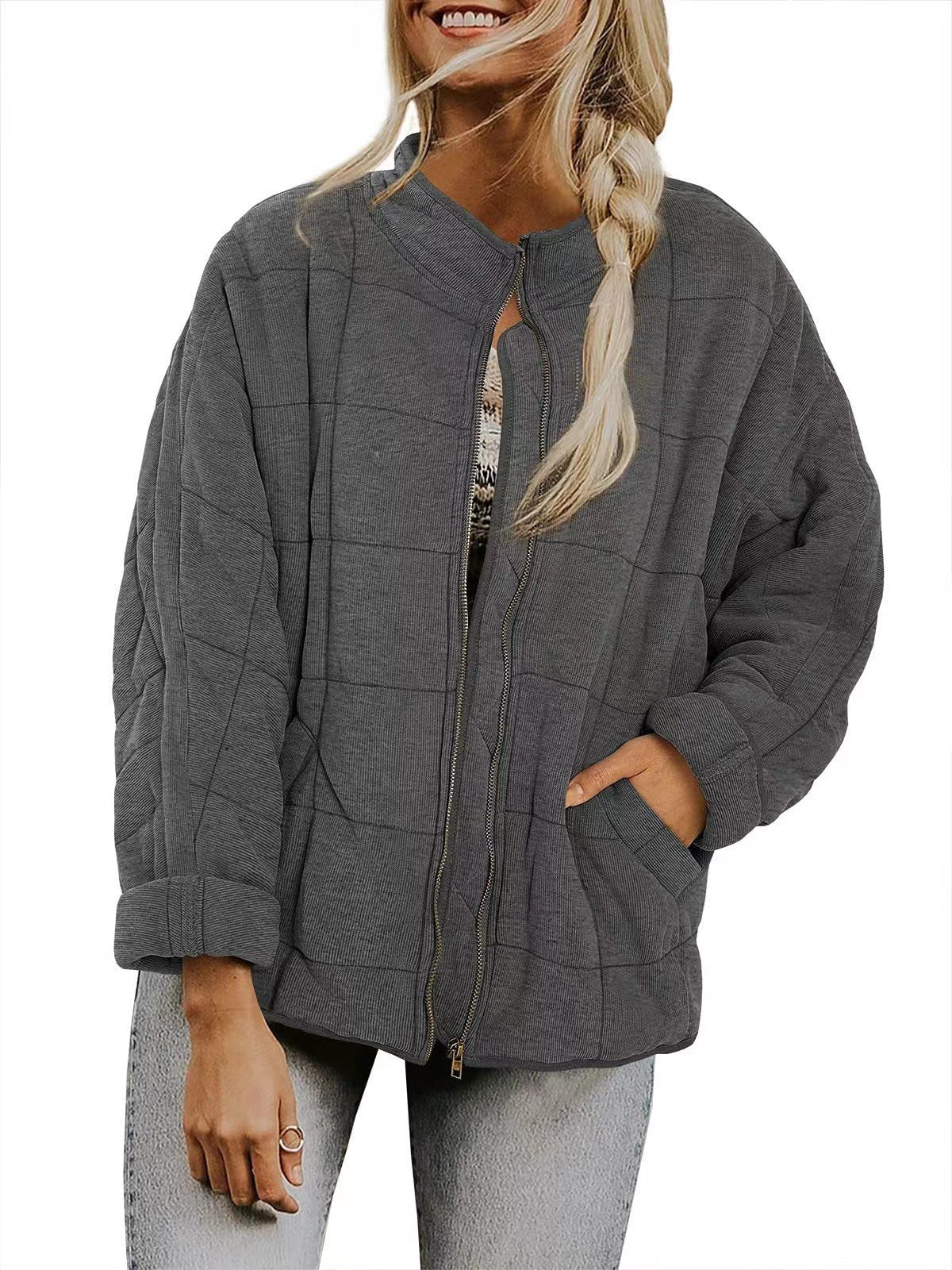 NEW Winter Zip-up Stand Collar Coat With Pockets Fashion Solid Color Plaid Long Sleeved Jacket Women's Clothing