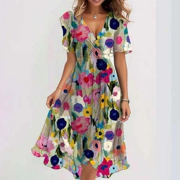 New Chiffon Printed Short Sleeve Dress Summer Elegant V-neck Dresses Womens Clothing