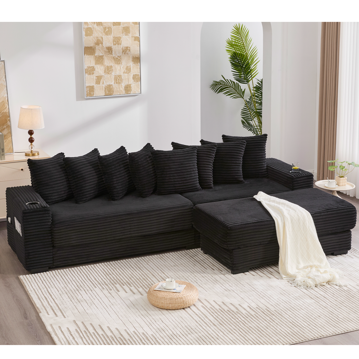 NEW Modular L Shaped Black Corduroy Fabric Sectional Sofa Couch