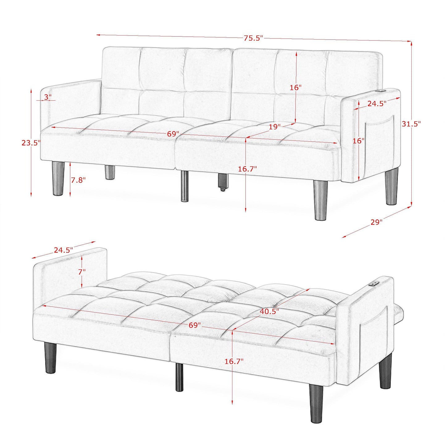 NEW Tufted Velvet Futon Couch Convertible Folding Sofa Bed