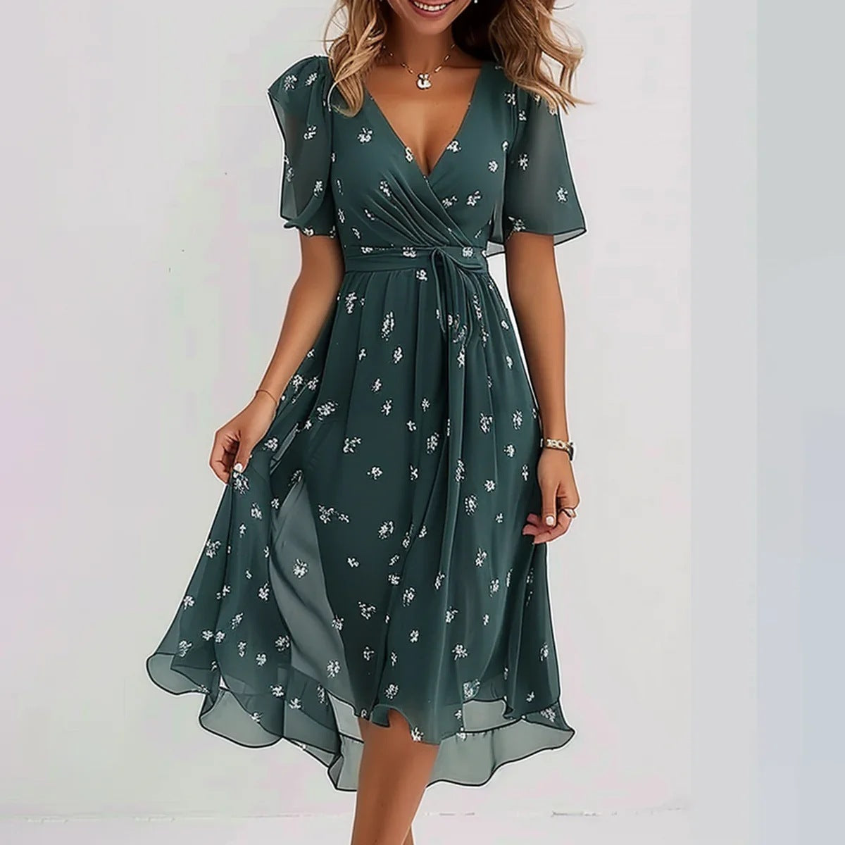 New Chiffon Printed Short Sleeve Dress Summer Elegant V-neck Dresses Womens Clothing
