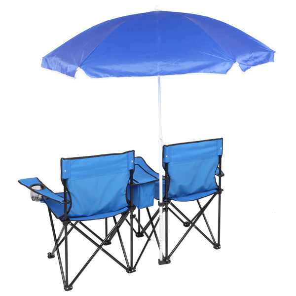 NEW Blue Outdoor Portable 2 Seat Beach Fishing Folding Chair With Umbrella