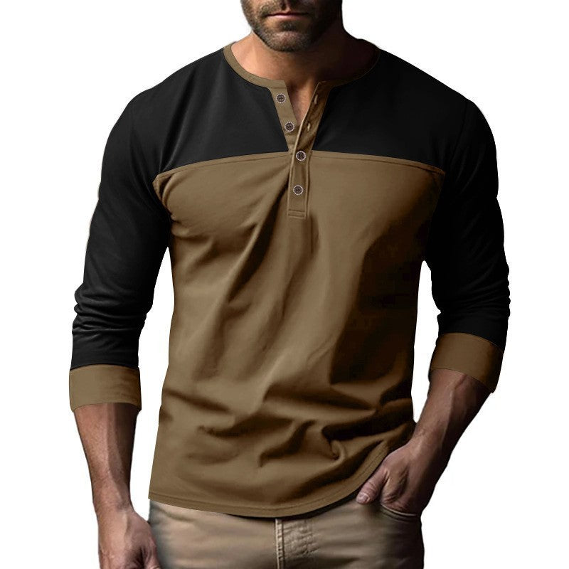 New Retro Trendy Long-sleeve Color Matching Henry Collar Bottoming Shirt Casual T-shirt