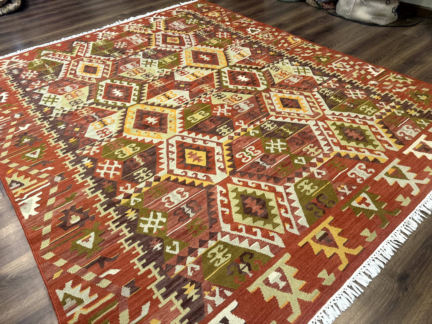 USED Turkish Kilim Rug 8x10, Geometric Design, Large Kilim Carpet