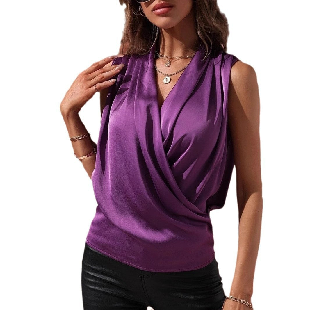 New Women's Spring And Summer Sleeveless Satin Pleated Vest New Shirt