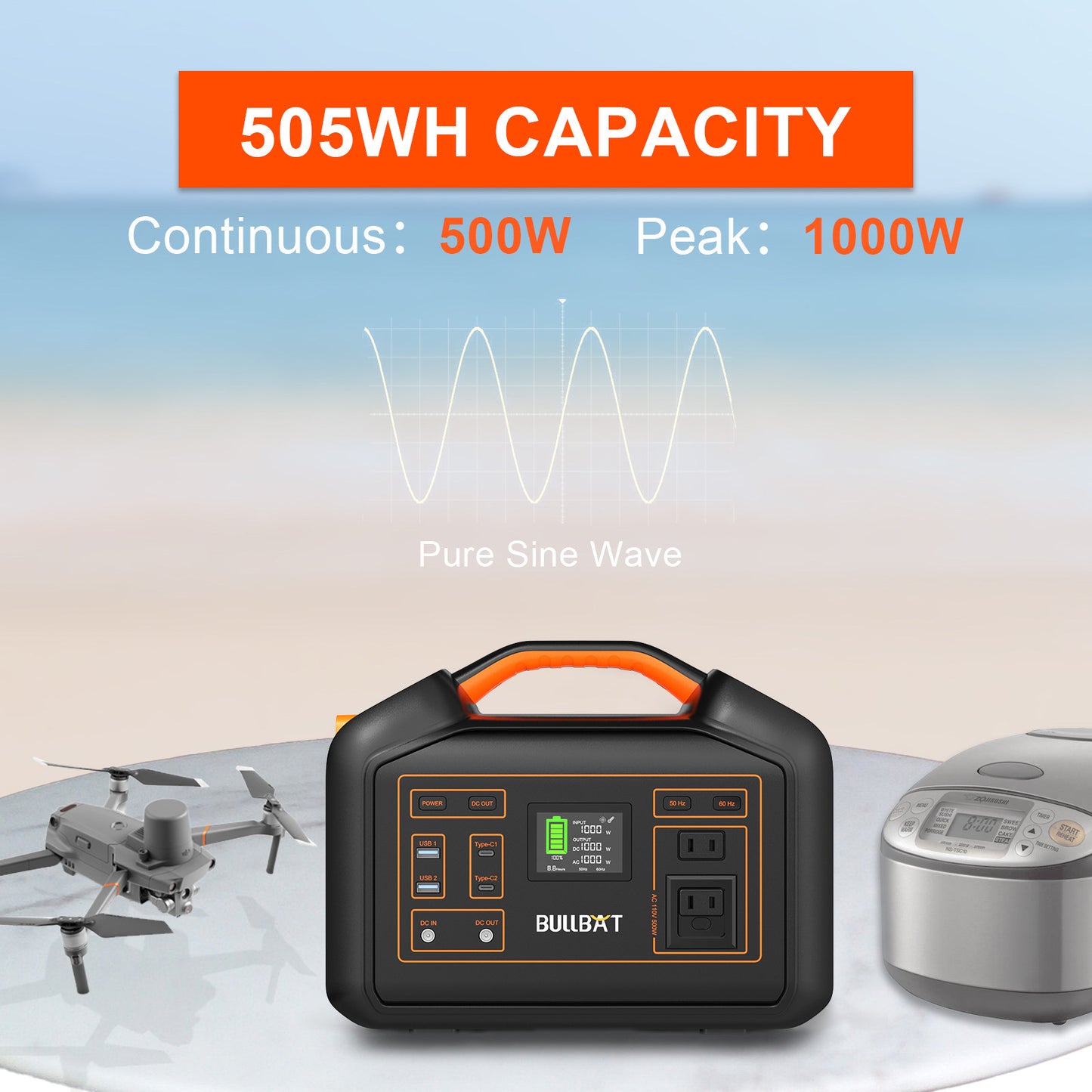 NEW Bullbat 500W Compact Outdoor Energy Storage Inverts Battery Generator Power Supply