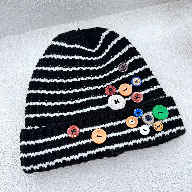 NEW Autumn And Winter Buttons Knitted Hat Warm Ear Protection All-match And Cute Pile Heap Cap