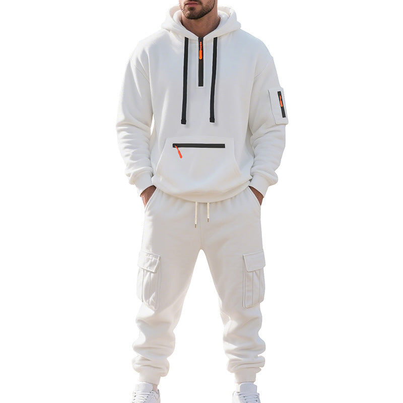 New Men's Loose Sports And Leisure Suit Sweater Fleece-lined Hoodie Set Zipper Multi-Pocket Pullover Men's Sports Casual Top Two-piece Set