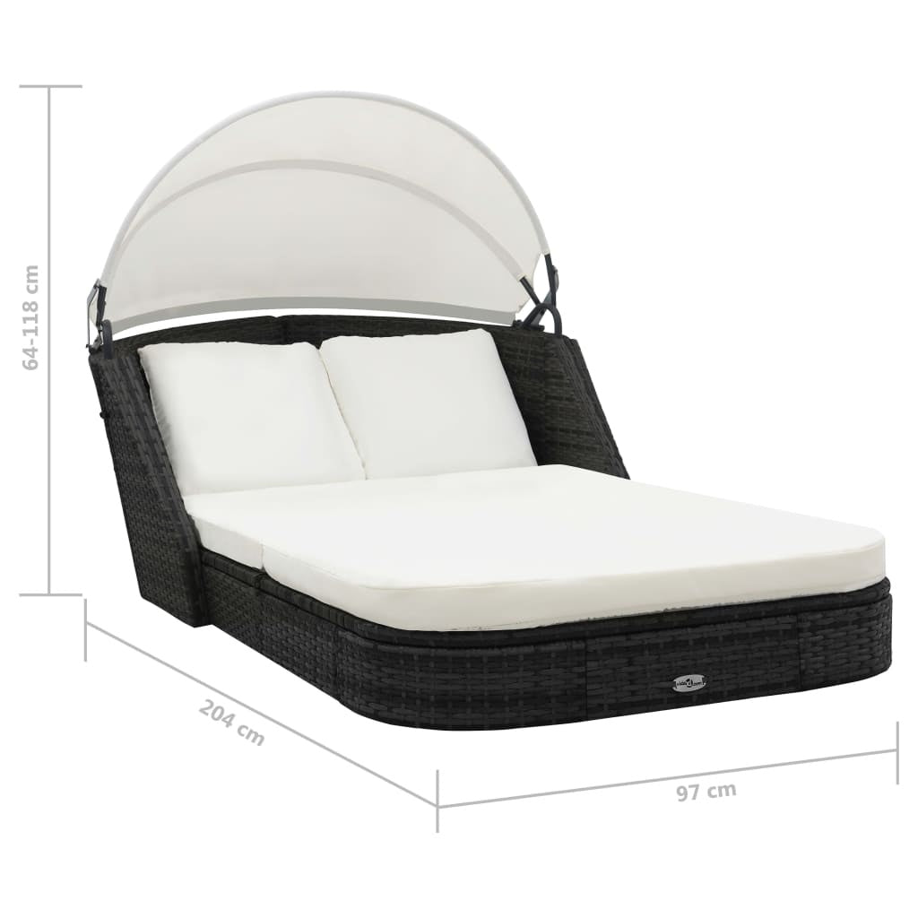 NEW VidaXL Sun Lounger with Canopy Poly Rattan Wicker Black Lounge Chair