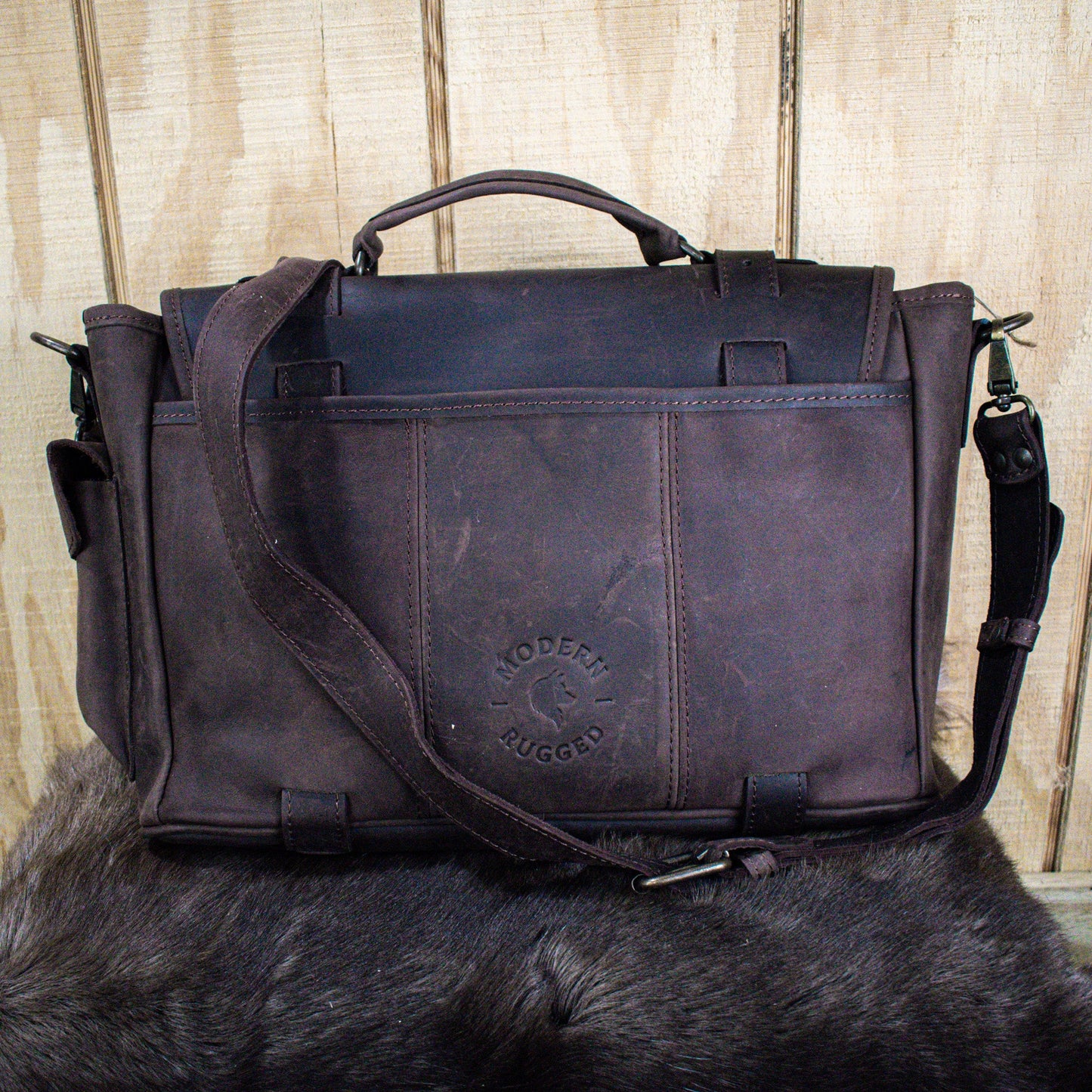 NEW Leather Hide Laptop Bag- Weathered Mahogany (Buckles)