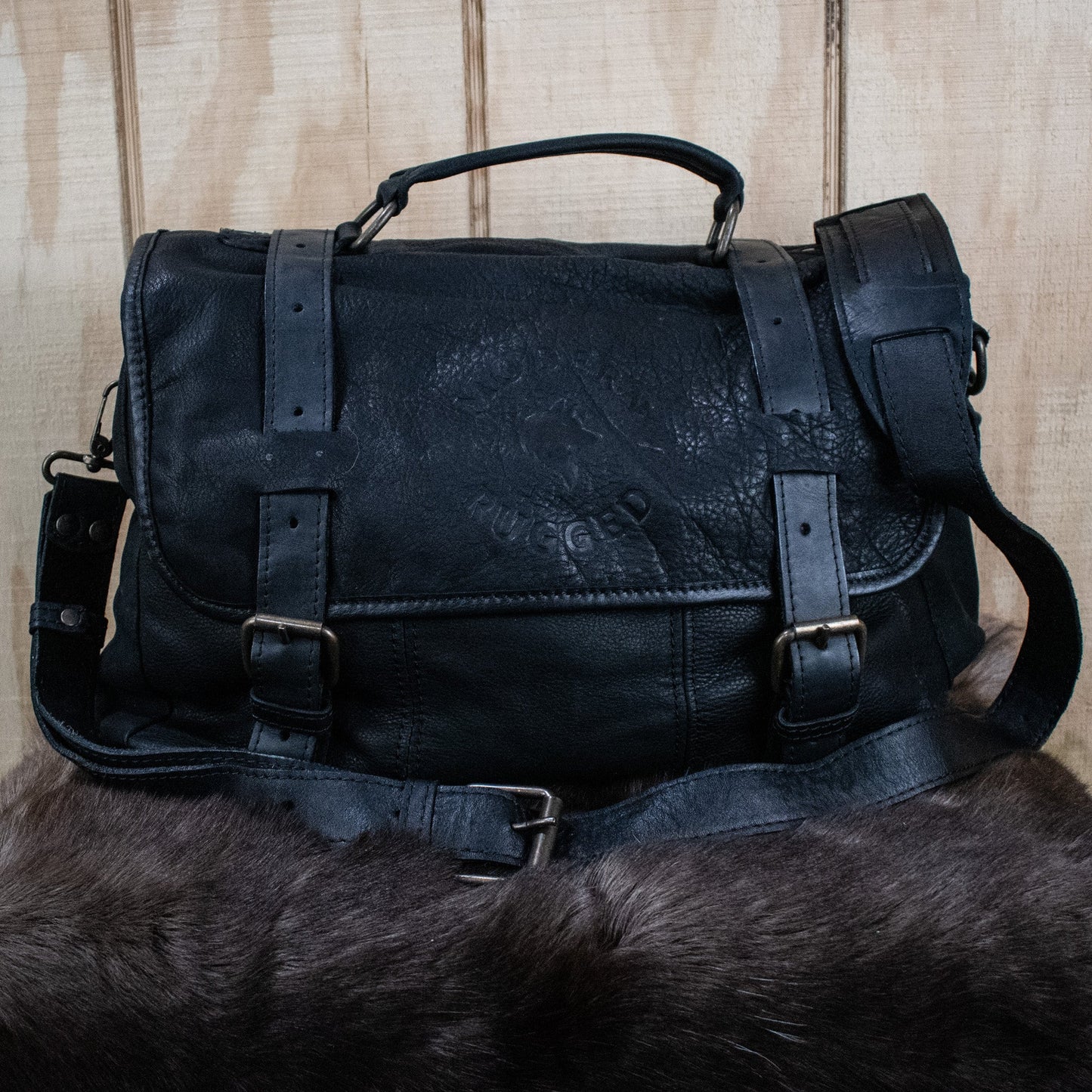 NEW Leather Hide Laptop Bag- Black (Buckles)