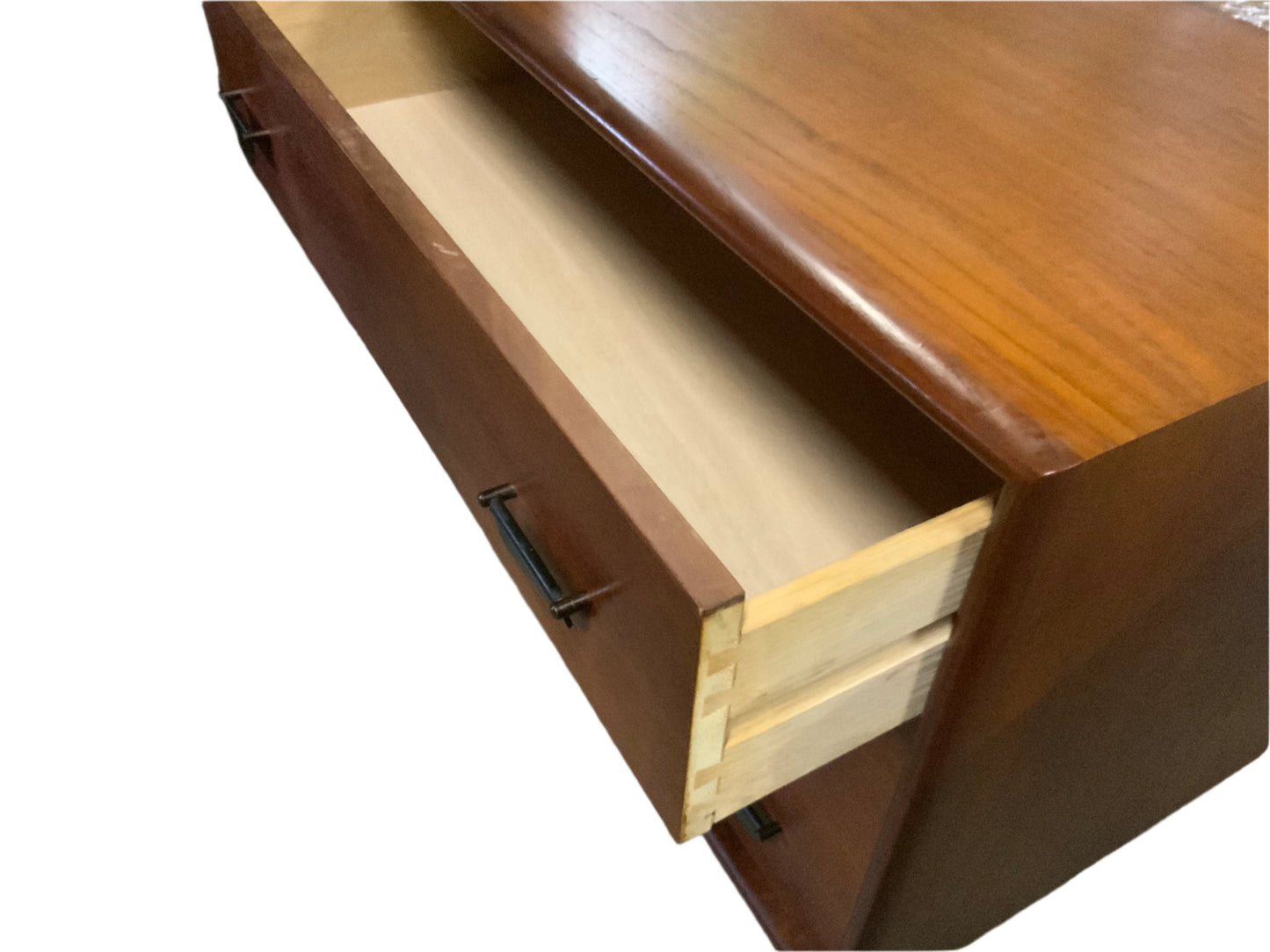 Mid Century Modern Platform Style Teak Wood Three Drawer Bachelors Chest Nightstand