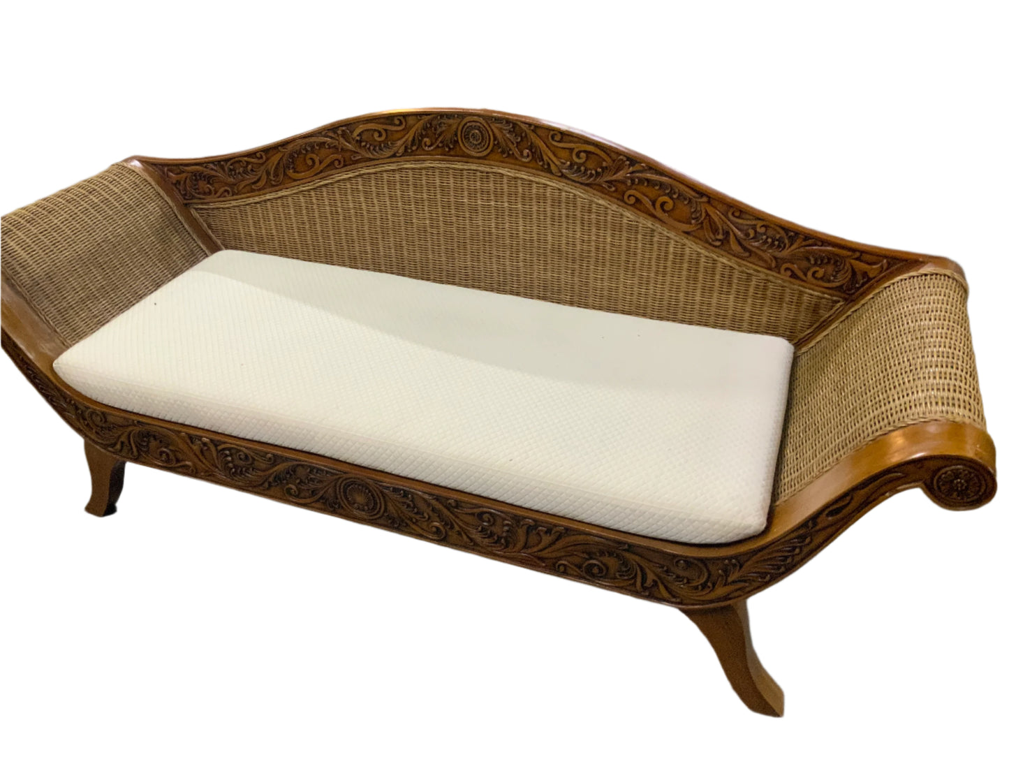 Wicker Carved Wood Bench Cushioned Couch Loveseat
