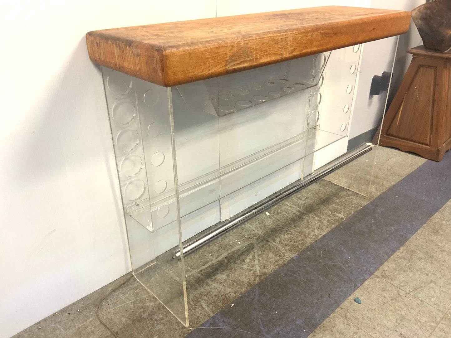 New Mid Century Modern Butcher Block + Lucite Lighted Dry Bar | in the Style of Luigi Bardini